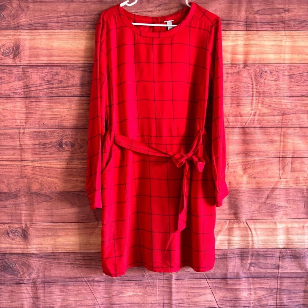A New Day Red Windowpane Plaid Long Sleeve Tie Waist Dress Womens Large